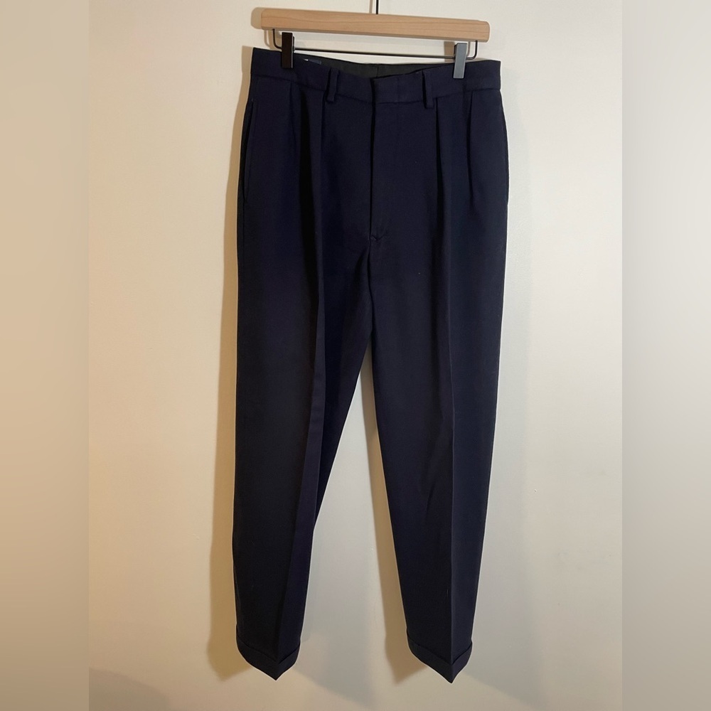 Vintage Polo Ralph Lauren Pleated Cuffed Wool Navy Blue Dress Pants Size 32 USA - Picture 1 of 8